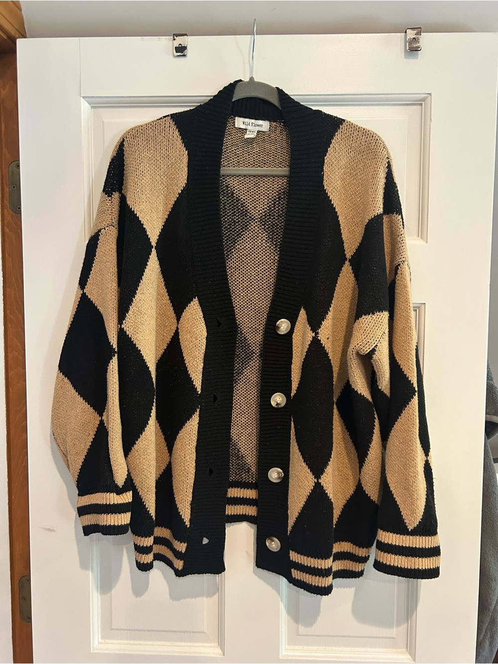 Oversized Tan & Black Checkered Cardigan Sweater